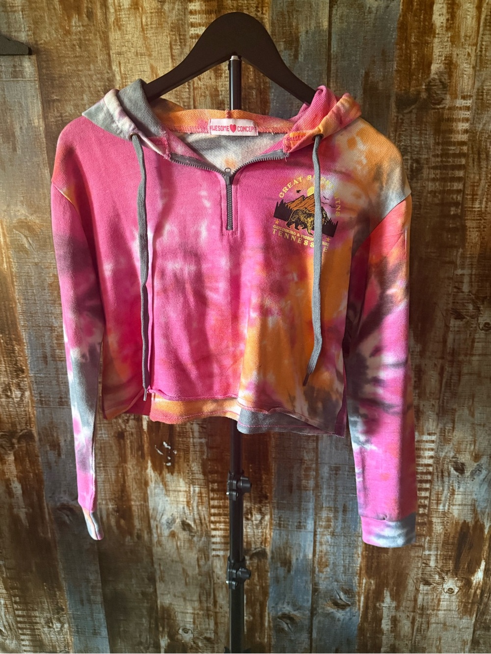 Great Smoky Mountains Awesome Concept Tie Dye Crop Zip Hoodie Large Pink - Picture 2 of 6